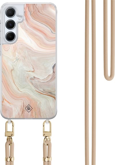 Casimoda® hoesje met koord - Geschikt voor Samsung A15 - Marmer Waves - Afneembaar koord - TPU/polycarbonaat - Bruin/beige