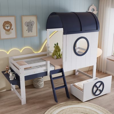 REDOM Kinderbed 90x200 cm – Wit/donkerblauw – Met dak, raam, lade & 2-staps schuine ladder – Maritiem