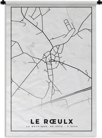 Wandkleed - Wanddoek - Zwart Wit – België – Plattegrond – Stadskaart – Kaart – Le Rœulx - 120x180 cm - Wandtapijt