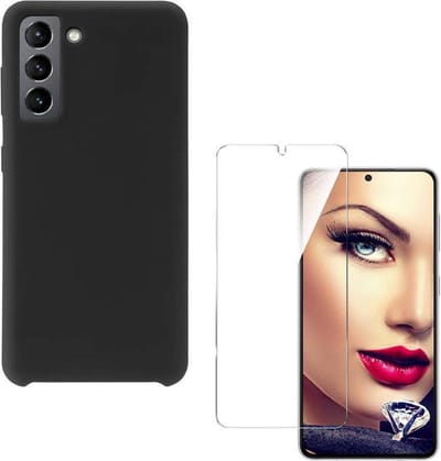 Solid hoesje Geschikt voor: Samsung Galaxy S21 Soft Touch Liquid Silicone Flexible TPU Rubber - Zwart  + 1X Screenprotector Tempered Glass