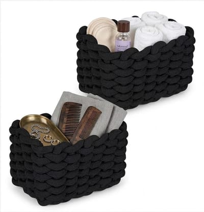 Opbergmand van Katoen, Gevlochten Mand voor Toiletpapier, Cosmetica, Speelgoed en Thuisaccessoires, 19 x 15 x 12 cm, Zwart, Set van 2, Duurzaam en Stijlvol