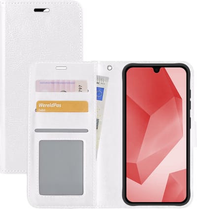 Hoesje - Met Pasjeshouder - Geschikt voor Samsung Galaxy A16 - Luxe Bookcase Portemonee - Flip Case - Kunstleer Book Case - Flipcase - Book Cover - Walletcase - Portemonneehoes - Wit