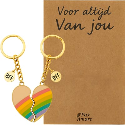 Koppel Sleutelhanger voor 2 'Voor altijd van jou' - Magnetisch Regenboog Hartje - Sleutelhanger set op Cadeau Kaartje - Goudkleurig - Persoonlijke Hanger - Pax Amare