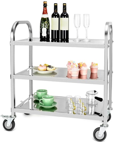 Serveerwagen op wielen voor keuken, hotel en restaurant - Modern design - RVS - 3-laags - Met rem - 75 x 40 x 83,5 cm