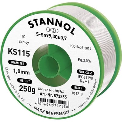 Stannol KS115 Soldeertin, loodvrij Spoel Sn99,3Cu0,7 ROM1 250 g 1 mm