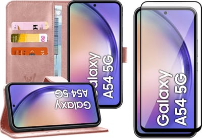 Hoesje geschikt voor Samsung Galaxy A54 - Screen Protector FullGuard - Book Case Kunstleer Pasjeshouder Roségoud & Screenprotector