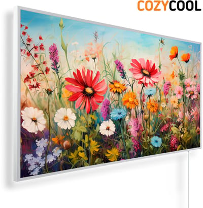 Infraroodpaneel met afbeelding | Kleurrijk bloemenveld schilderij | 1200 Watt | Witte lijst | Infrarood verwarmingspaneel | Infrarood paneel | Infrarood verwarming