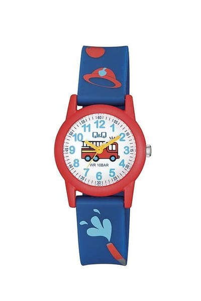 Q&Q VR99J019Y - Horloge - Sport - Analoog - Kinderen - Unisex - Plastic band - Rond - Kunststof - Cijfers - Brandweer - DonkerBlauw - Rood - LichtBlauw - Wit - 10 ATM