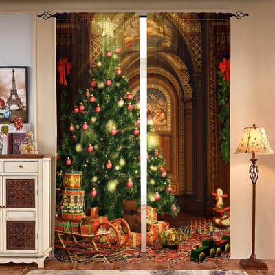 2 stuks, kerstboom winter cadeau speelgoed gordijnen -30% verduisterend - geschikt voor woonkamer, slaapkamer, keuken, huisdecoratie W150CM H166CM&Rod pocket black