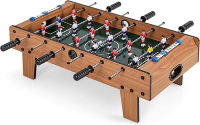 COSTWAY Mini Houten Tafelvoetbaltafel 69x60x24 cm – Inclusief 18 Voetbalspel Figuren en 2 Voetballen – Compacte Kicktafel voor Kinderen en Volwassenen – Stabiel en Gemakkelijk te Monteren