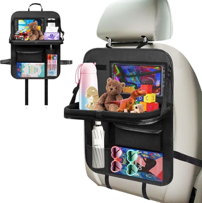 Famanu – Auto-organizer voor kinderen - autostoelbescherming voor kinderen - organizer met lade - kickmat - waterdicht - auto-accessoires - voor binnen - met transparante tas - zwart