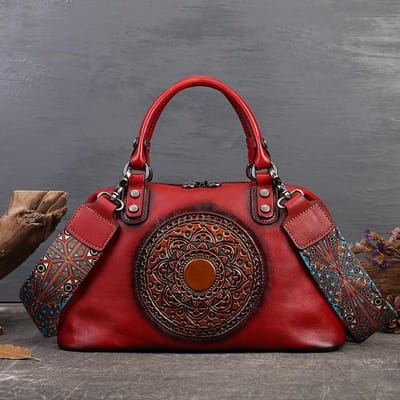 Handgemaakte Retro Totem Dames Handtas Echt Leer Veelzijdige Casual Tote Echt Zacht Koeienhuid Schoudertassen