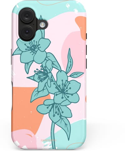 Casetastic hoesje geschikt voor Apple iPhone 16 - MagSafe - Dubbellaagse bescherming - Roze Oranje Turqoise Bloemen Modern - Fashion Case - Wit Mintgroen Perzik Lichtroze