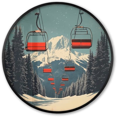 Poster in lijst Rond - Fotolijst 60x60 cm - Posters - Sneeuw - Skilift - Rood - Bomen - Ronde posterlijst zwart - Decoratie - Wanddecoratie woonkamer - Muurdecoratie slaapkamer