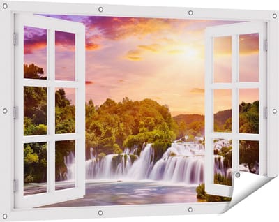 Gards Tuinposter Doorkijk Watervallen in het Bos - 120x80 cm - Tuindoek - Tuindecoratie - Wanddecoratie buiten - Tuinschilderij