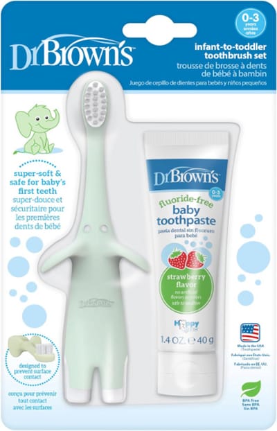 Dr. Brown's Infant-to-Toddler Tandenborstel & Tandpasta Set Olifant – 0-3 Jaar – Extra Zachte Baby Tandenborstel – Fluoridevrije Tandpasta – BPA-vrij