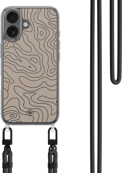 Casimoda® hoesje met koord - Geschikt voor iPhone 16 - Abstract Lines - Afneembaar koord - TPU/polycarbonaat - Bruin/beige