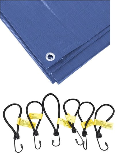 Blauw afdekzeil / dekzeilen van 3 x 5 meter met 24x spanners/elastieken haakjes