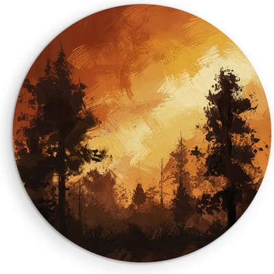 Saammp Muurcirkel Hout - Oranje- Bomen - Abstract - Landschap - Natuur - Ø 90 - Wandcirkel - Wanddecoratie Cirkel - Muurdecoratie Woonkamer - Slaapkamer decoratie - Rond Schilderij