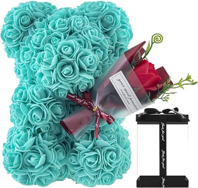 Rozenbeer Decoratie - Bloemenbeer Beer - Romantisch Cadeau - Handgemaakt Eeuwig - 24 cm - Malachietblauw