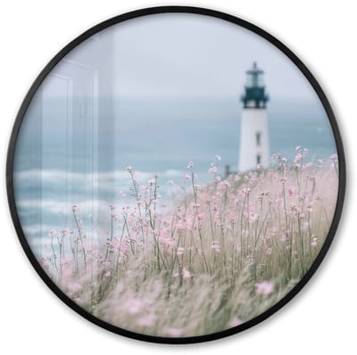 Poster in lijst Rond - Fotolijst 60x60 cm - Posters - Vuurtoren - Klif - Zee - Bloemen - Ronde posterlijst zwart - Decoratie - Wanddecoratie woonkamer - Muurdecoratie slaapkamer