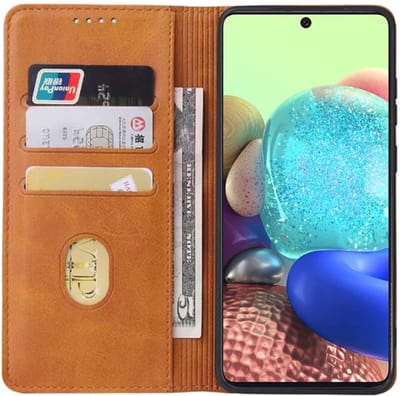Smartphonica Samsung Galaxy A71 5G kunstleren hoesje met magnetische sluiting en pashouders book case - Bruin geschikt voor Samsung Galaxy A71 5G