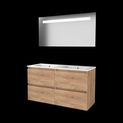 Basic-Line Economic 46 Badkamermeubelset - 120 x 46 cm - Greeploos - 4 Lades - Keramische Wastafel - 2 Kraangaten - Spiegel met LED Verlichting - Whisky Oak
