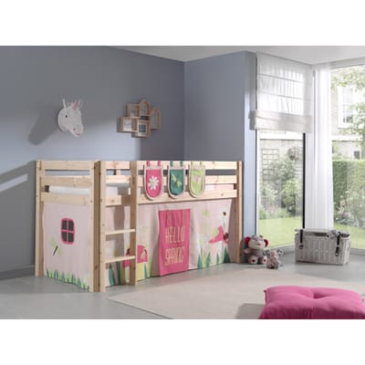 LUCEVI - Pino Halfhoogslaper + Ladder + Spring Gordijntjes + 3 Zakjes - Bruin - 90x200 cm