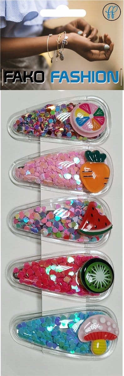 Fako Fashion - Haarspeldjes Met Lovertjes - Haarclips Voor Meisjes - Gevulde Speldjes - 5 Stuks - Fruity Mix