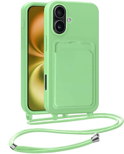 Hoesje Geschikt voor iPhone 16 Plus Telefoonhoesje Met Koord Case Pashouder Siliconen - Hoes Geschikt voor iPhone 16 Plus Hoesje Met Kaarthouder - Groen
