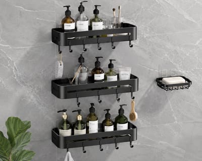 LoShop Doucheplank Plakstrip Zelfklevend 3 Stuks - Badkamerorganizer met Groot Rek en Zeephouder - RVS 304 Met 5 Haken - Shampoohouder Zonder Boren, Zwart