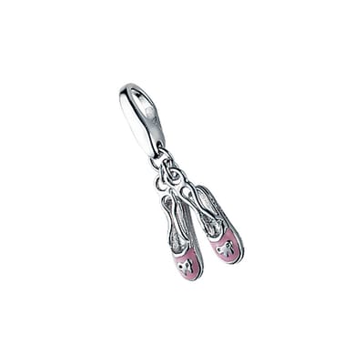 Giorgio Martello charm, bedel, hanger 925/000 gerhodineerd gepolijst zilver balletschoenen met rose lak en karabijnslot.