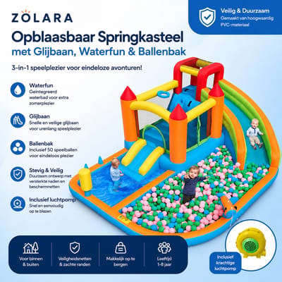 Zolara Multifunctioneel Springkasteel met Waterglijbaan & Waterspeelpark - Ballenbak - Zwembadspel - Waterspeelgoed buiten - Waterpark - Water speelgoed - Springkussen - Opblaasbaar zwembad - Zomer - Zomervakantie - Kinderfeest - Kinderverjaardag