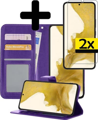 Hoesje - Met 2x Screenprotector - Geschikt voor Samsung Galaxy S22 - Luxe Pasjeshouder - Bookcase Portemonee - Flip Case - Kunstleer Book Case - Flipcase Hoes - Book Cover - Walletcase - Portemonneehoes - Telefoonhoesjes - Paars