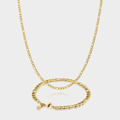 Figaro Ketting 3 mm x Figaro Armband 5 mm - Gouden Schakelketting en Schakelarmband Heren - 50/21 cm lang - Olympus Jewelry