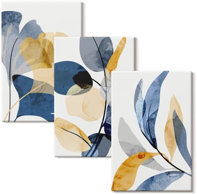 Wallfluent Set van canvas schilderijen - Plantenmotieven in aquarelstijl Canvas Schilderijen Set - set 3 stuks 20x30 cm - Blauw Set van Canvas Prints - Natuur Canvas Kunst Set - Boheemse Canvas Kunst Set