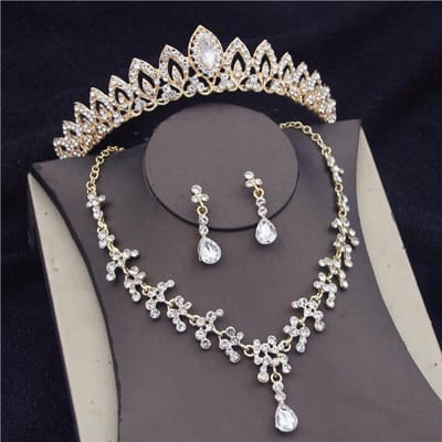 Ensembles de Bijoux de Mariée en Cristal Goutte d'Eau pour Femmes Tiara Couronnes Boucles d'Oreilles Ensemble Collier Accessoires de Bijoux pour Robe de Mariée Princesse gray