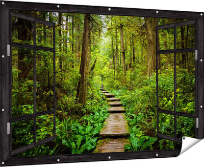 Gards Tuinposter Doorkijk Voetpad in het Bos met Groene Planten - 180x120 cm - Tuindoek - Tuindecoratie - Wanddecoratie buiten - Tuinschilderij