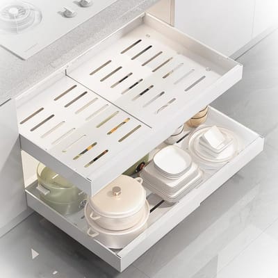 Thijox - Set van 2 uittrekbare kastorganizers met lijm, verstelbare schuiflade voor keukengerei (31-52 cm b x 42 cm d x 6 cm h), wit, perfect voor keu