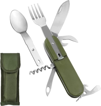 Multifunctionele Vouwbare Bestekset, 7-in-1 Kampeerbestek, Ideaal voor Outdoor Survival, Reizen en Hiking, Inclusief Opbergzak en Roestvrijstalen Vouwbestek