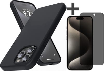 Hoesje met Privacy Screenprotector Geschikt voor iPhone 15 Pro Hoesje Siliconen - liquid case - Arara Backcover - Zwart
