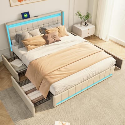 Tweepersoonsbed 140 x 200 cm met Lades, USB-Poort en LED-Verlichting
