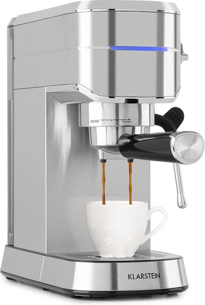 Klarstein Futura Espressomachine, Zeefdragermachine met 1450 W, 20 bar, Barista-kwaliteit, Dubbele uitloop, Doorstroomstop, Zeefdrager koffiemachine, Melkopschuim-functie, zilver