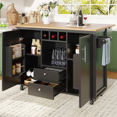 Pugsdrly Keukeneiland Buffetkast met Opklapbaar Werkblad Wijnrek Kruidenrek Handdoekhouder Verstelbare Legplanken en Deurrek 120x73(45)x92 cm