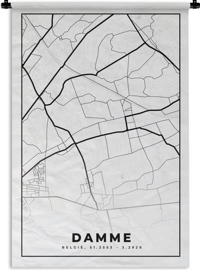 Wandkleed - Wanddoek - België – Damme – Stadskaart – Kaart – Zwart Wit – Plattegrond - 120x180 cm - Wandtapijt