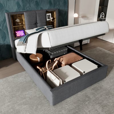 VVBV Gestoffeerd Opbergbed 90x200 cm - Opbergruimte, USB, Draadloos Laden, Lattenbodem - Hout/Linnen Grijs - Met Matras