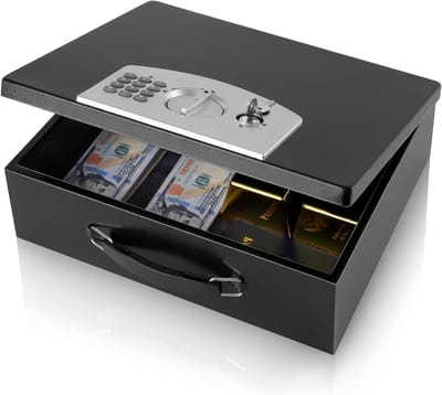 Dalmbox Draagbare metalen kluis met digitaal codeslot, brandwerende opslag voor documenten, vuurvaste kluis, auto, huis, kantoor en buiten, zwarte doos