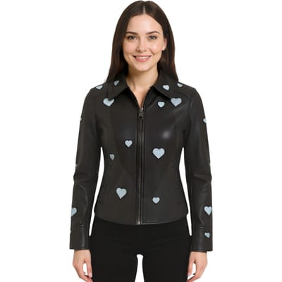 Dames zwarte leren bikerjack met hartjesmotief - Malta