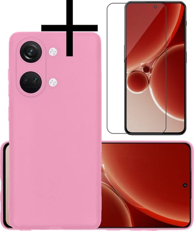 Hoesje - Met Screenprotector - Geschikt voor OnePlus Nord 3 - Sterk & Shockproof - Back Cover - Siliconen Case - Telefoon Hoes - Lichtroze