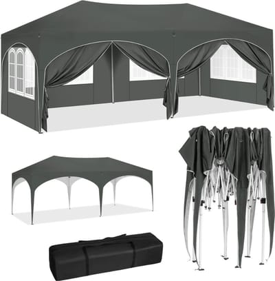 Partytent - Paviljoen - Opvouwbare Luifel - Tuin tent - Waterdicht - Uv Bescherming - met Draagtas - Prieel - Zijpanelen - 6x3m - Grijs